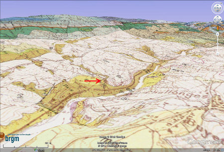 Carte géologique oblique montrant le contexte morphologico-géologique du Pain de Sucre (flèche rouge) de Pyrimont (Ain)
