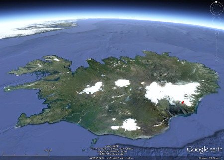 Localisation des sites de prises de vue (punaise rouge) sur le flanc Sud-Ouest du Vatnajökull