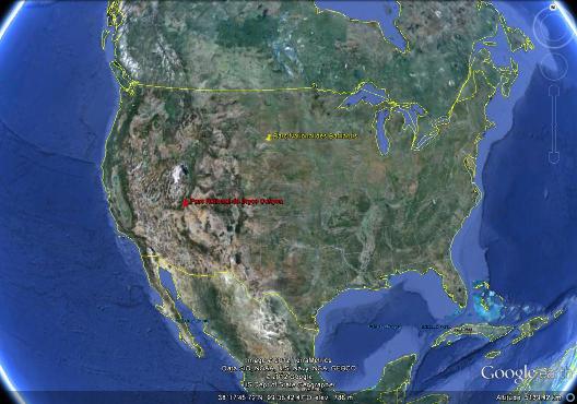 Localisation des parcs nationaux de Bryce Canyon, dans l'Utah (en rouge), et des Badlands, dans le Dakota du Sud (en jaune)