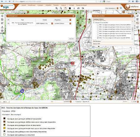 Montage de copies d'écran extraites du site InfoTerre du BRGM montrant la localisation et le type de tous les ouvrages souterrains recensés par le BRGM dans le secteur de Cébazat