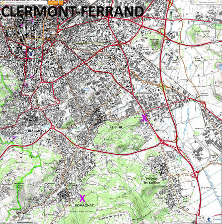 Localisation, sur fond topographique, des fours à chaux (croix violette) d'Aubière (détruits) et de Romagnat (les plus jeunes existent encore), deux communes de la banlieue Sud de Clermont-Ferrand