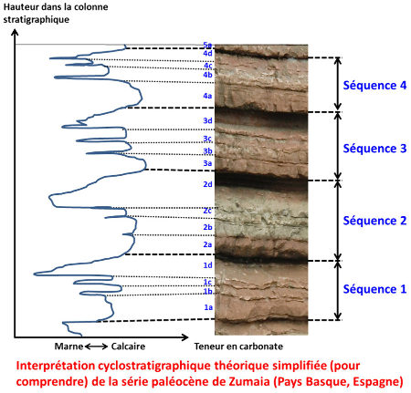 Interprétation cyclostratigraphique théorique simplifiée (pour « faire comprendre ») d'un fragment de la série stratigraphique du Paléocène de Zumaia (Pays Basque espagnol)
