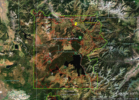 Localisation du sill et de la coulée (punaise jaune) dans le Parc National de Yellowstone (limité par le contour vert)