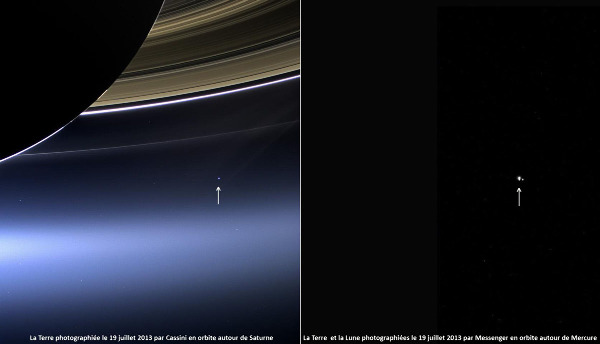 La Terre vue depuis Saturne (à gauche) par Cassini et le couple Terre-Lune vu depuis Mercure (à droite) par Messenger ce même 19 juillet 2013