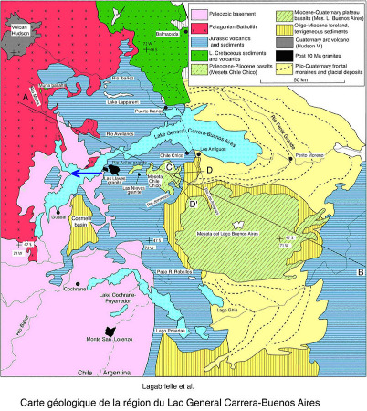 Carte géologique de la région du lac Général Carrera (Chili) – Buenos Aires (Argentine)