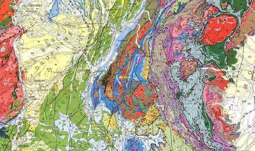 Localisation du secteur de La Paute - Bourg d'Oisans sur la carte géologique au 1/1.000.000 des Alpes occidentales (flèche jaune)