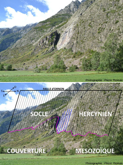Vue globale et schéma interprétatif d'un fragment de la faille dite du col d'Ornon , dans la vallée de la Malsanne à 500 m au Nord du hameau de la Chalp, commune de Chantelouve, Isère