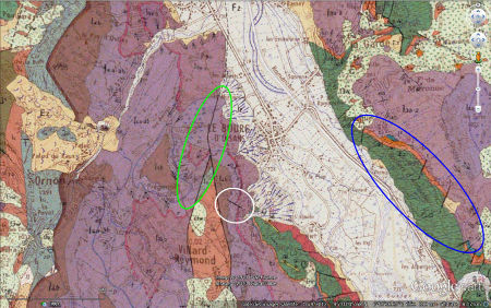 Carte géologique (vue verticale) du secteur de Bourg-d'Oisans localisant le pli-faille du Ravin de St Antoine (cerclé de vert) et celui de la Roche du Pontet (cerclé de blanc)