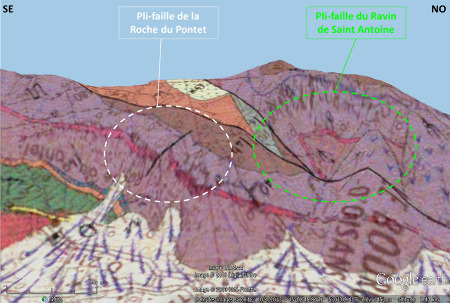 Carte géologique (vue oblique) du secteur de Bourg-d'Oisans localisant le pli-faille du Ravin de St Antoine (à droite, cerclé de vert) et celui de la Roche du Pontet (à gauche, cerclé de blanc)