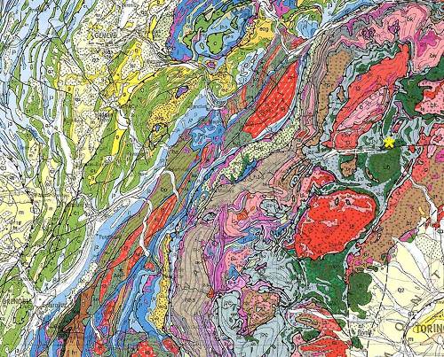 Extrait de la carte géologie de France au 1/1.000.000, les Alpes entre Grenoble, Genève et Turin