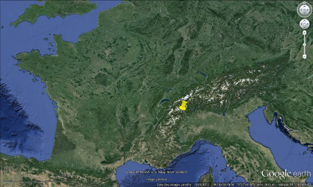 Localisation du Val d'Aoste (punaise jaune) dans la chaîne des Alpes