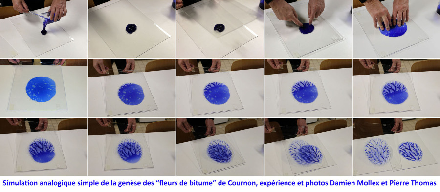 Montage d'une série de photos montrant le déroulement d'une expérience simulant la formation de figures similaires aux « fleurs de bitume  » de Cournon