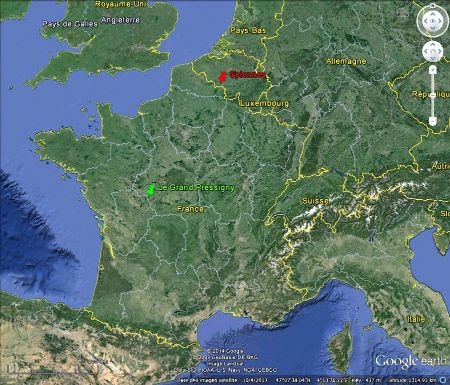 Localisation du Grand Pressigny, Indre et Loire (punaise verte) sur fond de l'Europe de l'Ouest