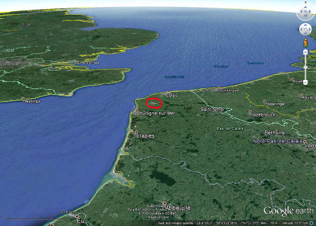 Localisation du Boulonnais et de ses carrières (dans l'ellipse rouge) dans le Pas de Calais