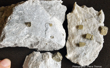 Petits cubes de pyrite automorphe contenus dans du talc massif, carrière de Trimouns (Luzenac, Ariège)