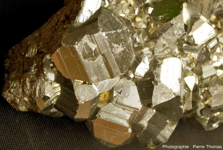 Détail de l'ensemble de cristaux de pyrite de morphologie complexe (dodécaèdres cannelés et autres)
