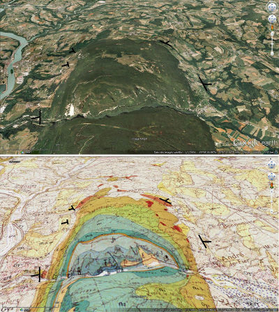 Vue oblique et carte géologique correspondante du Val de Fier recoupant l'anticlinal du Gros Foug