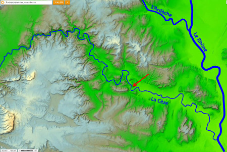 Cadre morphologique de la région de la Cèze et de la cascade du Sautadet (flèche rouge)