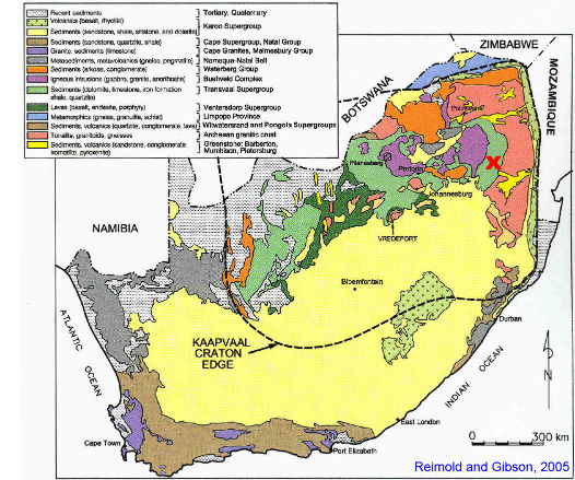 Carte géologique simplifiée de l'Afrique du Sud