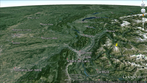 Localisation du glacier de Saint Sorlin et du massif des Grandes Rousses (punaise jaune) dans le Nord Ouest des Alpes françaises