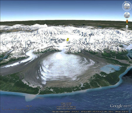 Un glacier en Alaska, une analogie actuelle du glacier de la Dora Baltea à la fin du Würm