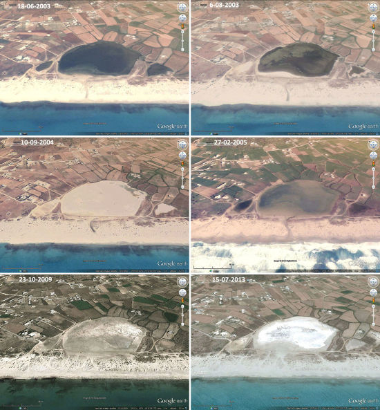 Série de 6 images prises entre 2003 et 2013 montrant l'évolution de la lagune de Mikri Vigla (Grèce) et l'origine probable du sel qui s'y dépose
