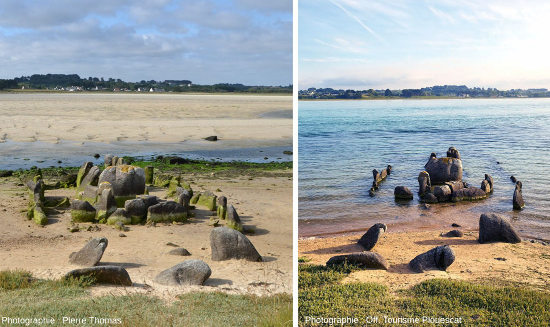 Montage de deux images, l'une à marée basse (à gauche) et l'autre à marée haute (à droite), marée haute de mortes eaux laissant dépasser le haut des pierres dressées