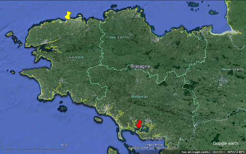 Localisation de l'allée couverte de Guinirvit, Baie de Kernic, Plouescat, Finistère (punaise jaune) et des cromlechs d'Er Lanic dans le golfe du Morbihan (punaise rouge)
