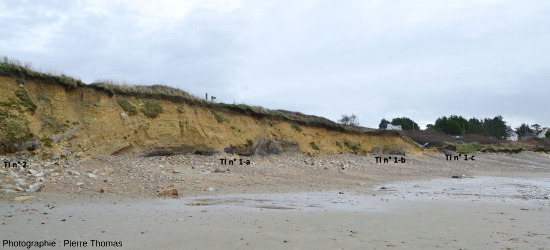 Vue d'ensemble de la plage de Trez-Rouz (Finistère) localisant les principaux affleurements d'argiles tourbeuses affleurant dans la falaise