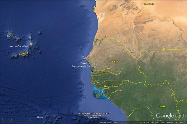 Bordure occidentale de l'Afrique de l'Ouest, avec localisation de la presqu'île du Cap-Vert (Dakar, Sénégal)