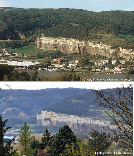 Les falaises de Couzon au Mont d'Or 3 semaines avant et 22 ans après l'éboulement du 21 octobre 1993, vues approximativement depuis le même site