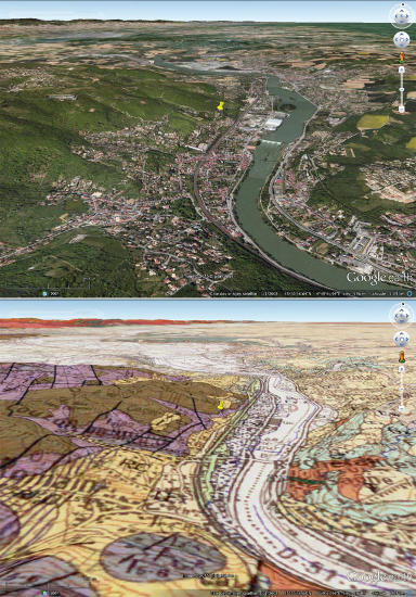 Vues aérienne et géologique du secteur de Couzon au Mont d'Or