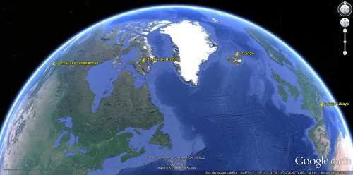 Localisation de la haute vallée de l'Ubaye, des Rocheuses canadiennes, de la Terre de Baffin et de l'Islande