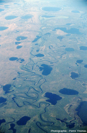 Rivière (sans doute un affluent de la Kolyma) serpentant à la surface du pergélisol parsemé d'innombrables lacs, Sibérie