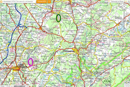 Localisation des reculées des Planches (ellipse verte) et de Baume-les-Messieurs (ellipse violette) près de Lons-le Saunier (Jura)