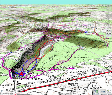 Localisation de la cascade (étoile rouge) au fond de la reculée de Baume-les-Messieurs (Jura)