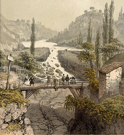 Image en couleur de la première moitié du XIXème siècle montrant les pertes du Rhône