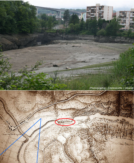 Le confluent du Rhône et de la Valserine (en haut) photographié pendant la vidange (partielle) du lac en juin 2012 et localisation sur carte ancienne