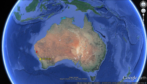 Localisation du lac Thetis dans l'Ouest australien (punaise jaune)