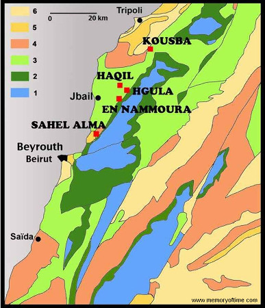 Carte géologique simplifiée du Liban montrant la position des principaux gisements de poissons fossiles (carré rouge), tous situé dans le Cénomanien (100 Ma, Crétacé supérieur)