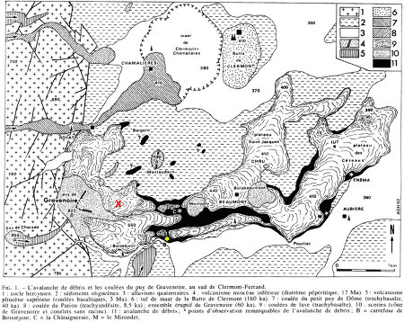 Carte géologique thématique centrée sur le Puy de Gravenoire et ses coulées