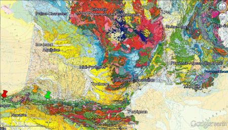 Localisation sur la carte géologique de France au 1/1 000 000 des affleurements du synclinal de Bilbao (punaise rouge), ainsi que des deux affleurements français de Saint-Palais (punaise orange) et d'Oloron-Sainte Marie (punaise verte)
