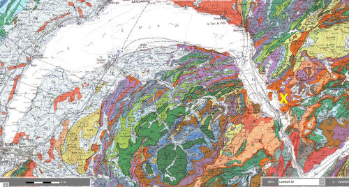 Localisation des mines de Bex (croix jaune) sur fond de carte géologique BRGM 1/250 000 d'Annecy