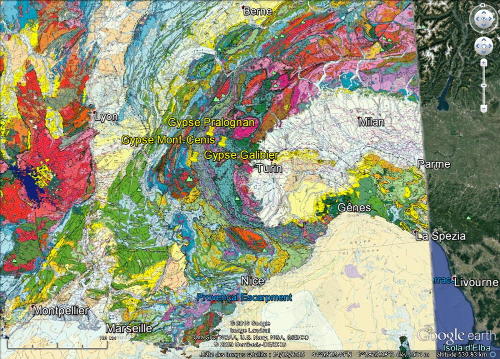 Localisation des trois affleurements alpins de gypse montrant de beaux entonnoirs de dissolution sur fond de carte géologique de la France au 1/1 000 000