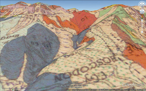 Vue avec carte géologique (Chorges, 1/50 000) du cirque de Bragousse et du chenal d'écoulement qui s'en échappe