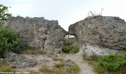 Parfois, les masses de calcaire dur se rejoignent, et l'érosion les a transformées en arche, Les Mourres, Forcalquier (Alpes de Haute Provence)