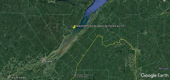 Localisation des paléomarmites de géant, au bord du Saint Laurent, Québec