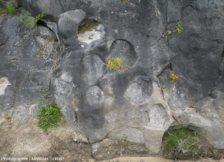 Vue plus rapprochée de quelques paléomarmites de géant de Pointe-au-Pic, Québec