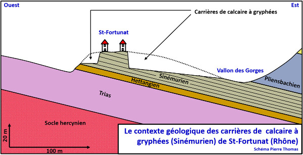 Représentation très schématique du contexte géologique et morphologique du hameau de Saint-Fortunat (commune de Saint-Didier au Mont-d'or)