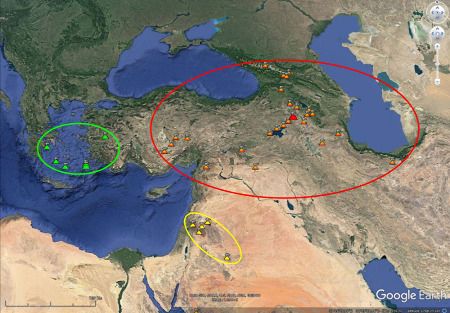 Les volcans actifs durant l'Holocène dans l'Est de la Méditerranée et au Moyen-Orient d'après la rubrique "Galerie" de Google Earth